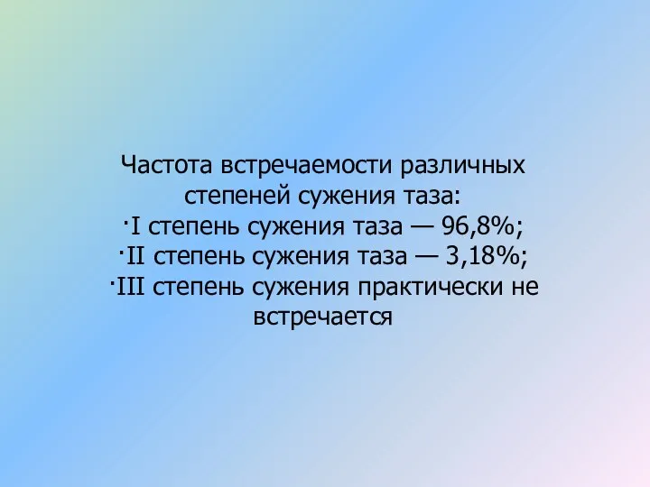 Частота встречаемости различных степеней сужения таза: ·I степень сужения таза