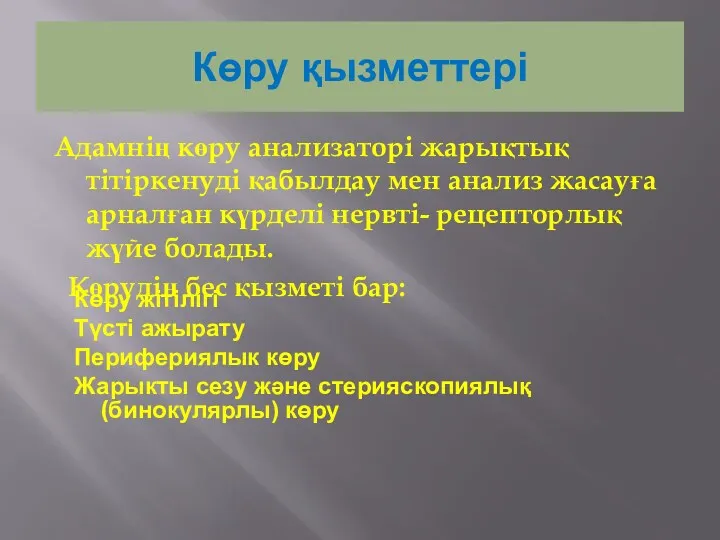 Көру қызметтері Адамнің көру анализаторі жарықтық тітіркенуді қабылдау мен анализ