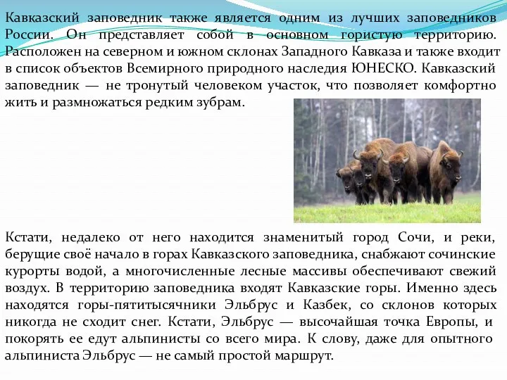 Кавказский заповедник также является одним из лучших заповедников России. Он представляет собой в