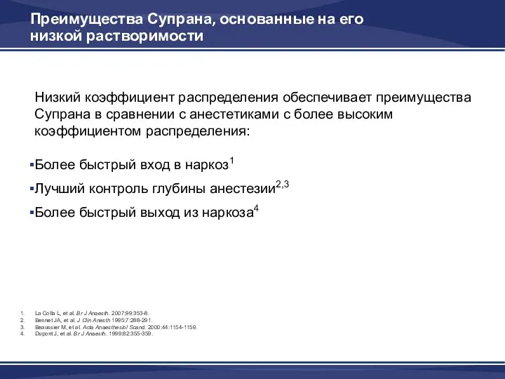 Низкий коэффициент распределения обеспечивает преимущества Супрана в сравнении с анестетиками