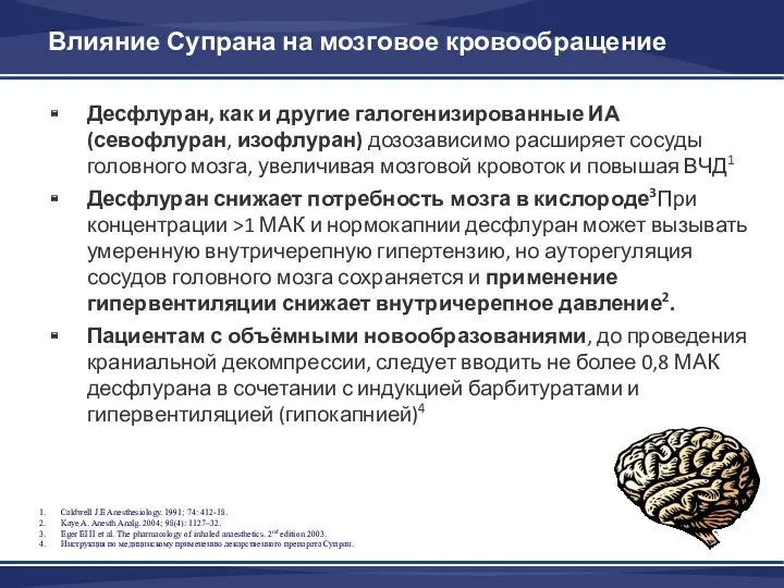 Влияние Супрана на мозговое кровообращение Десфлуран, как и другие галогенизированные