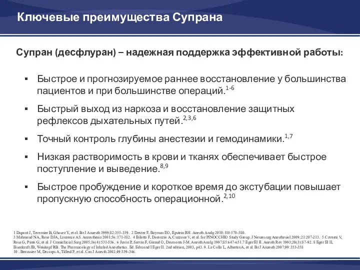 Ключевые преимущества Супрана Супран (десфлуран) – надежная поддержка эффективной работы: