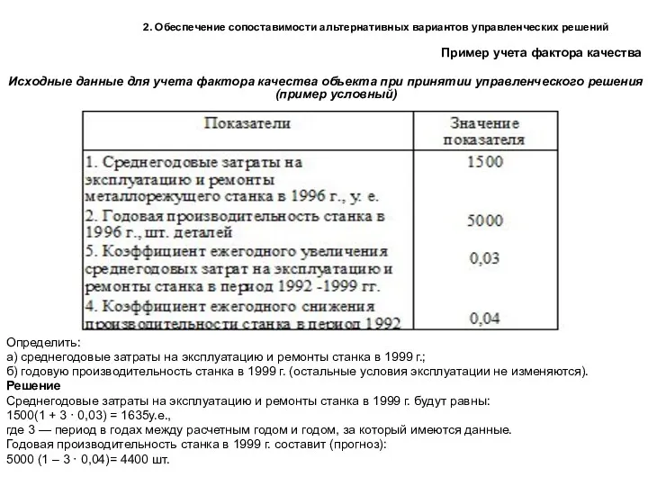 2. Обеспечение сопоставимости альтернативных вариантов управленческих решений Пример учета фактора