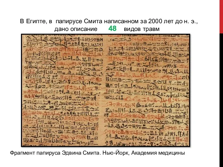 В Египте, в папирусе Смита написан­ном за 2000 лет до н. э., дано