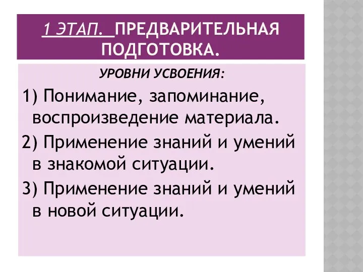 1 ЭТАП. ПРЕДВАРИТЕЛЬНАЯ ПОДГОТОВКА. УРОВНИ УСВОЕНИЯ: 1) Понимание, запоминание, воспроизведение