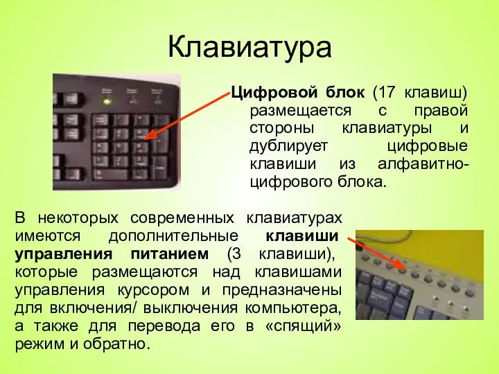 Клавиатура Цифровой блок (17 клавиш) размещается с правой стороны клавиатуры