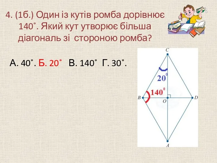 4. (1б.) Один із кутів ромба дорівнює 140˚. Який кут