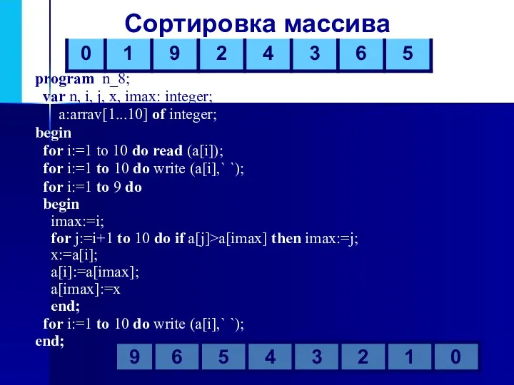 Сортировка массива for i:=1 to 9 do begin imax:=i; for j:=i+1 to 10
