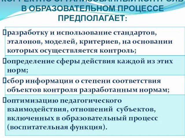 КОРРЕКТНО ОРГАНИЗОВАННЫЙ КОНТРОЛЬ В ОБРАЗОВАТЕЛЬНОМ ПРОЦЕССЕ ПРЕДПОЛАГАЕТ: