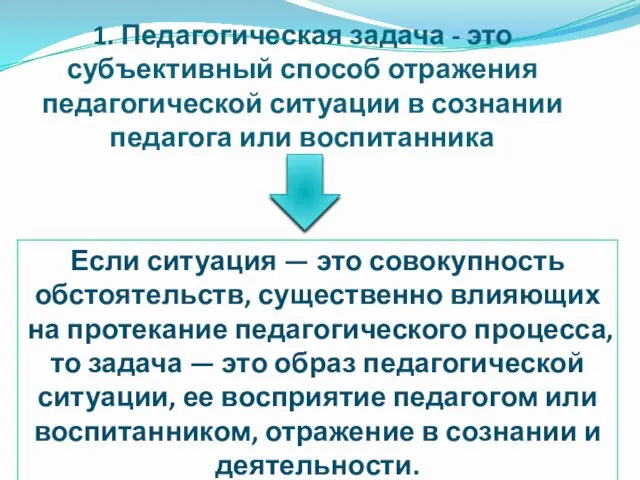 1. Педагогическая задача - это субъективный способ отражения педагогической ситуации в сознании педагога или воспитанника