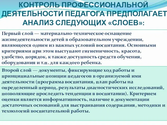 КОНТРОЛЬ ПРОФЕССИОНАЛЬНОЙ ДЕЯТЕЛЬНОСТИ ПЕДАГОГА ПРЕДПОЛАГАЕТ АНАЛИЗ СЛЕДУЮЩИХ «СЛОЕВ»: