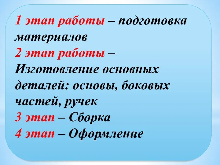 1 этап работы – подготовка материалов 2 этап работы –