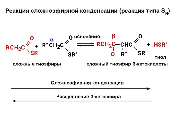 Реакция сложноэфирной конденсации (реакция типа SN) основание сложные тиоэфиры сложный