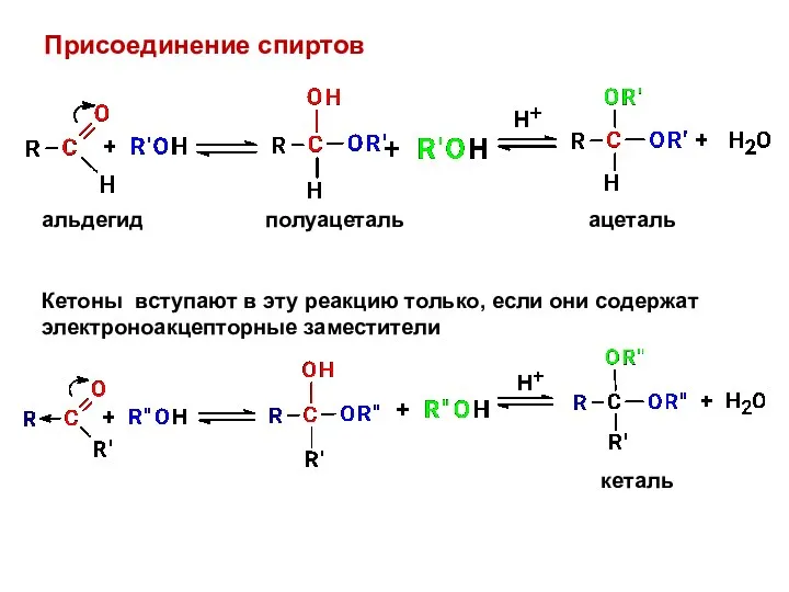 Присоединение спиртов полуацеталь ацеталь кеталь Кетоны вступают в эту реакцию