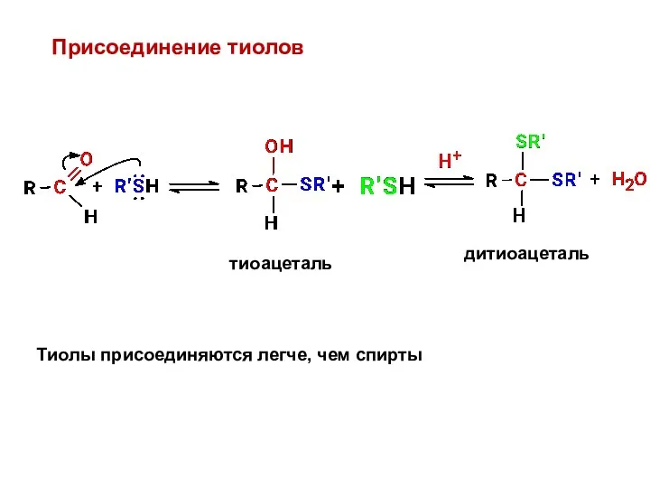 Присоединение тиолов тиоацеталь дитиоацеталь Тиолы присоединяются легче, чем спирты