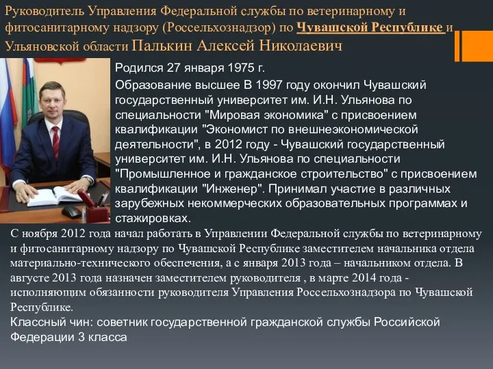 Руководитель Управления Федеральной службы по ветеринарному и фитосанитарному надзору (Россельхознадзор) по Чувашской Республике