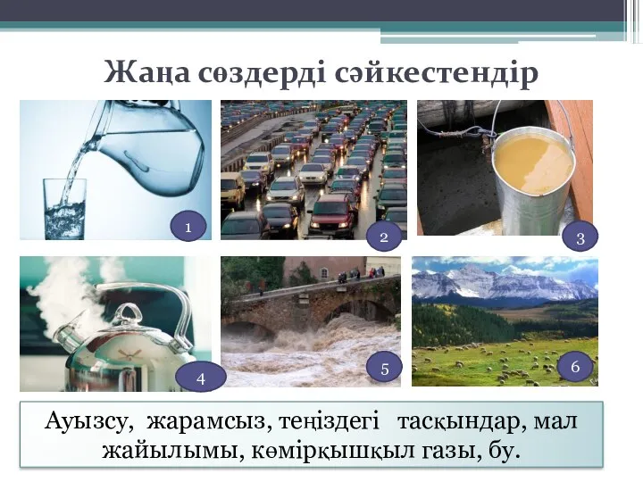 Жаңа сөздерді сәйкестендір Ауызсу, жарамсыз, теңіздегі тасқындар, мал жайылымы, көмірқышқыл