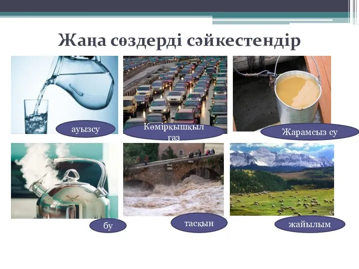 Жаңа сөздерді сәйкестендір ауызсу Көмірқышқыл газ Жарамсыз су тасқын жайылым бу