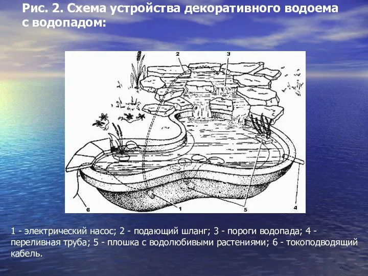 Рис. 2. Схема устройства декоративного водоема с водопадом: 1 -