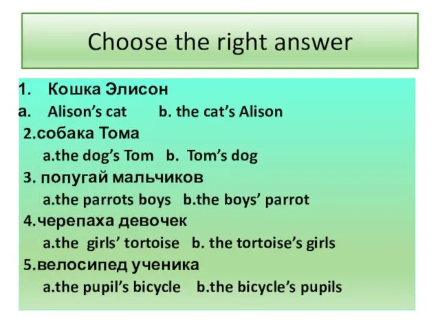 Choose the right answer Кошка Элисон Alison’s cat b. the