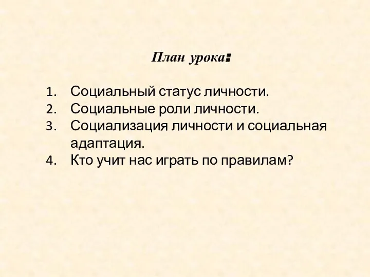 План урока: Социальный статус личности. Социальные роли личности. Социализация личности