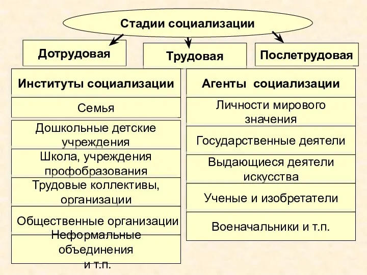 Стадии социализации Дотрудовая Послетрудовая Трудовая Институты социализации Семья Дошкольные детские