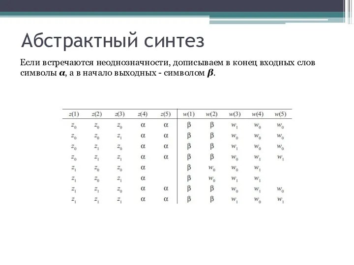 Абстрактный синтез Если встречаются неоднозначности, дописываем в конец входных слов