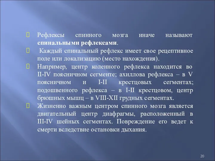 Рефлексы спинного мозга иначе называют спинальными рефлексами. Каждый спинальный рефлекс