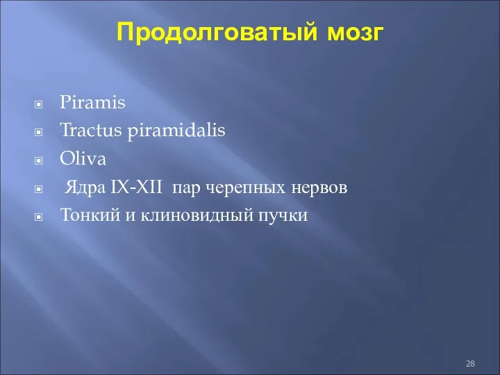 Продолговатый мозг Piramis Tractus piramidalis Oliva Ядра IX-XII пар черепных нервов Тонкий и клиновидный пучки