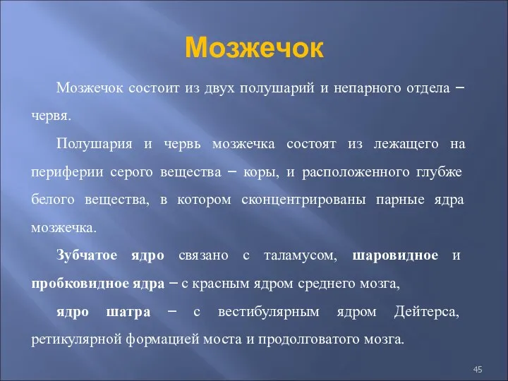 Мозжечок Мозжечок состоит из двух полушарий и непарного отдела – червя. Полушария и