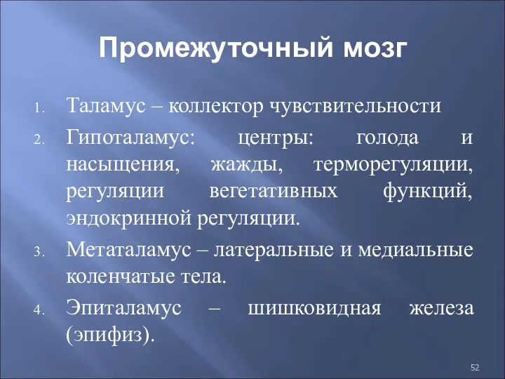 Промежуточный мозг Таламус – коллектор чувствительности Гипоталамус: центры: голода и