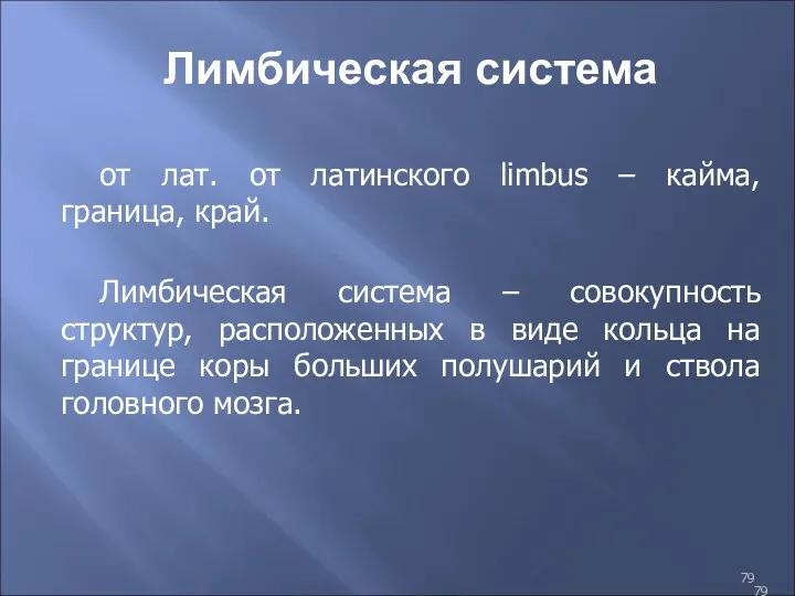 Лимбическая система от лат. от латинского limbus – кайма, граница, край. Лимбическая система