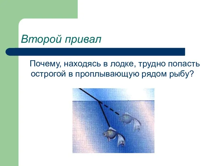 Второй привал Почему, находясь в лодке, трудно попасть острогой в проплывающую рядом рыбу?