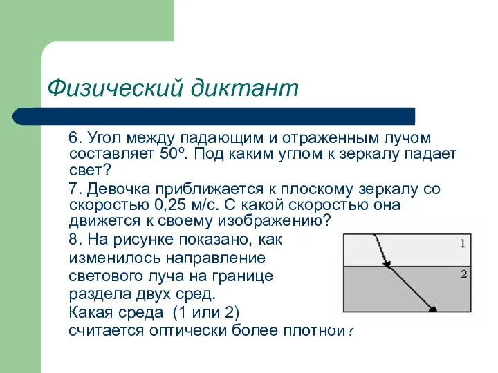 Физический диктант 6. Угол между падающим и отраженным лучом составляет