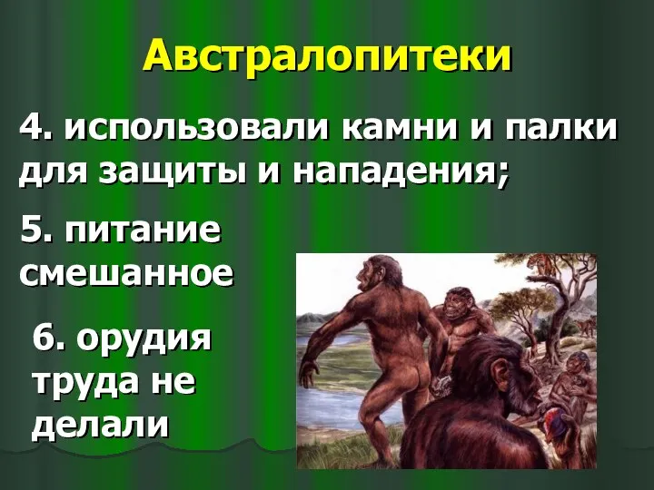 Австралопитеки 4. использовали камни и палки для защиты и нападения;