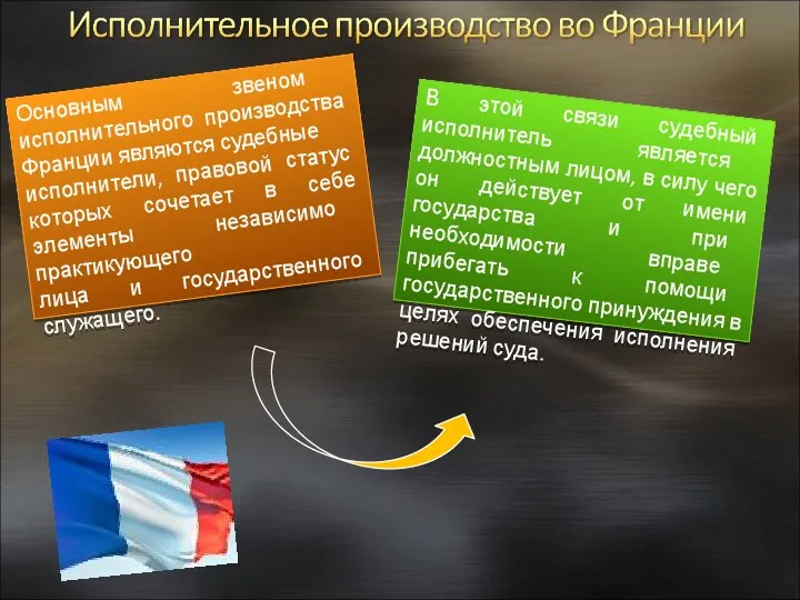 Основным звеном исполнительного производства Франции являются судебные исполнители, правовой статус