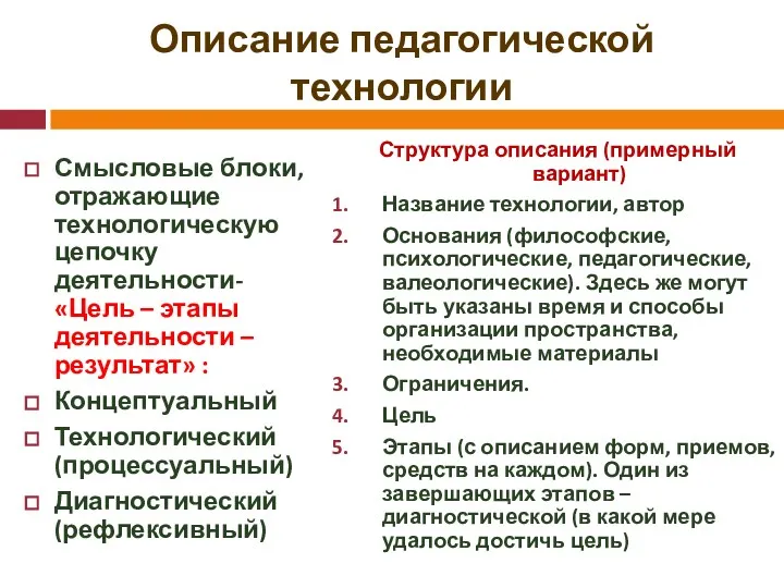 Описание педагогической технологии Смысловые блоки, отражающие технологическую цепочку деятельности- «Цель