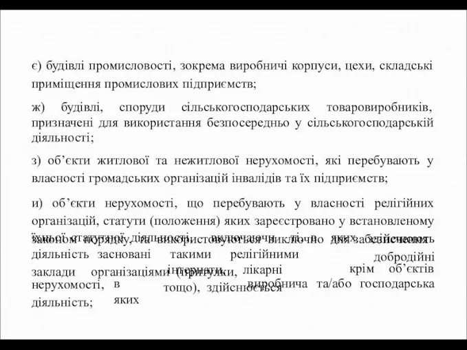 є) будівлі промисловості, зокрема виробничі корпуси, цехи, складські приміщення промислових