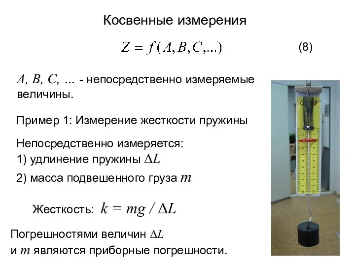 Косвенные измерения Пример 1: Измерение жесткости пружины Непосредственно измеряется: 1)