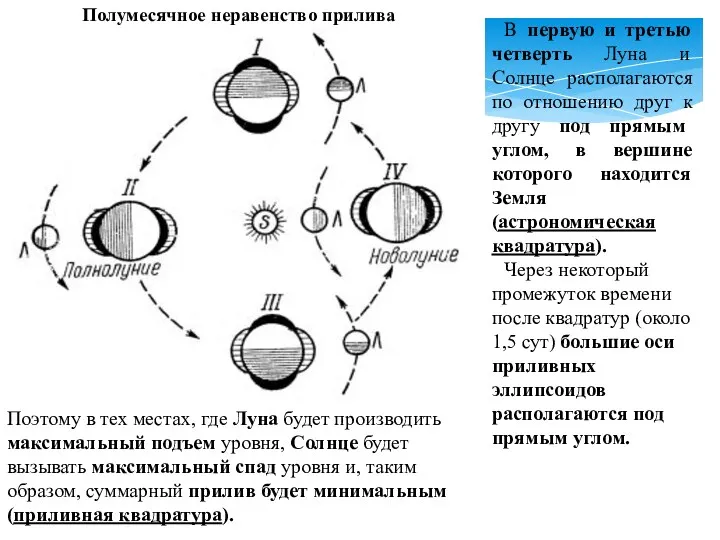 Полумесячное неравенство прилива В первую и третью четверть Луна и