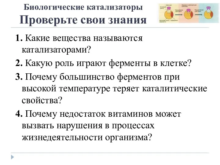 Биологические катализаторы Проверьте свои знания 1. Какие вещества называются катализаторами?