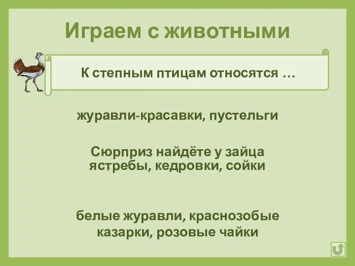 Играем с животными К степным птицам относятся … журавли-красавки, пустельги ястребы, кедровки, сойки