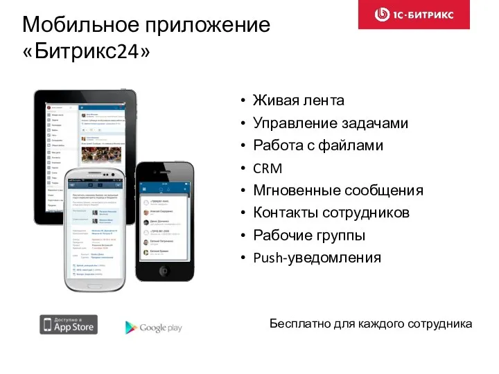 Мобильное приложение «Битрикс24» Живая лента Управление задачами Работа с файлами