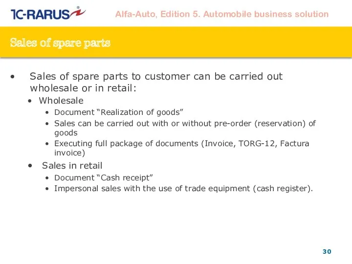 Sales of spare parts Sales of spare parts to customer