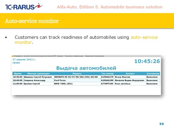 Auto-service monitor Customers can track readiness of automobiles using auto-service monitor.