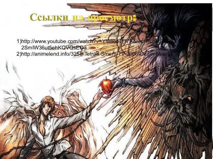 Ссылки на просмотр: http://www.youtube.com/watch?v=Yf38cdTFl7A&list=PLpMECRhI98BSw2SmIW36ut5ehKQVQsEO3 http://animelend.info/3258-Tetrad-Smerti-TV-2006-Death-Note.ht