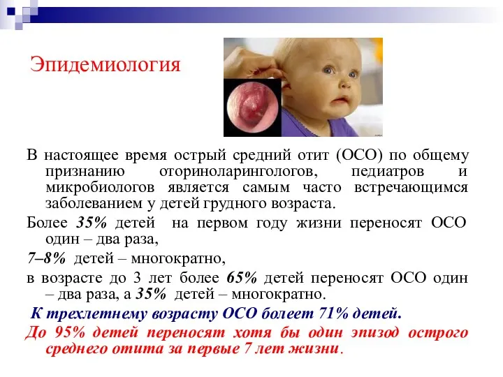 Эпидемиология В настоящее время острый средний отит (ОСО) по общему признанию оториноларингологов, педиатров