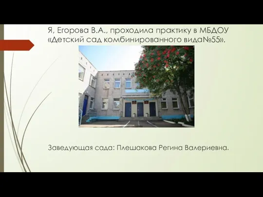 Я, Егорова В.А., проходила практику в МБДОУ «Детский сад комбинированного вида№55». Заведующая сада: Плешакова Регина Валериевна.