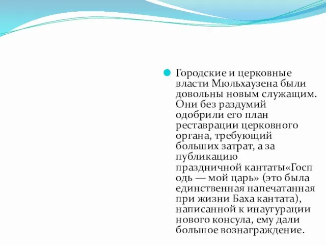 Городские и церковные власти Мюльхаузена были довольны новым служащим. Они