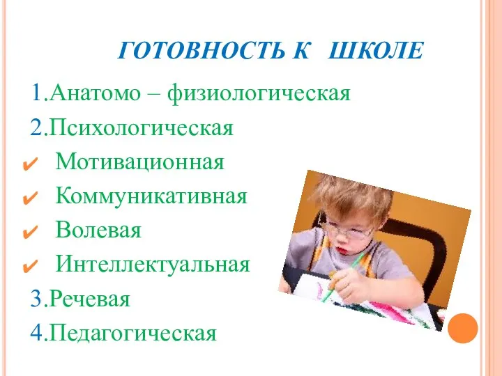 ГОТОВНОСТЬ К ШКОЛЕ 1.Анатомо – физиологическая 2.Психологическая Мотивационная Коммуникативная Волевая Интеллектуальная 3.Речевая 4.Педагогическая